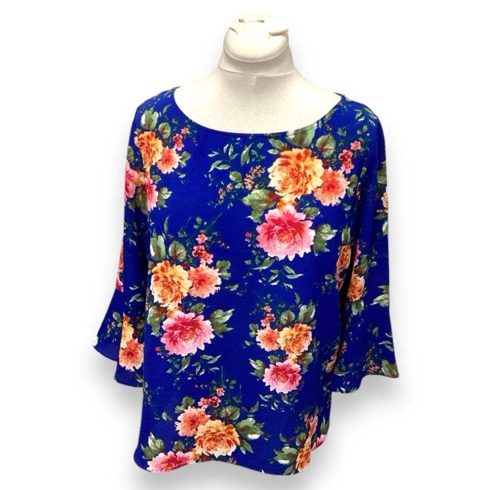Green Envelope Womens Tulip Bell 3/4 Sleeve Floral Blouse Boho Whimsical Blue XL